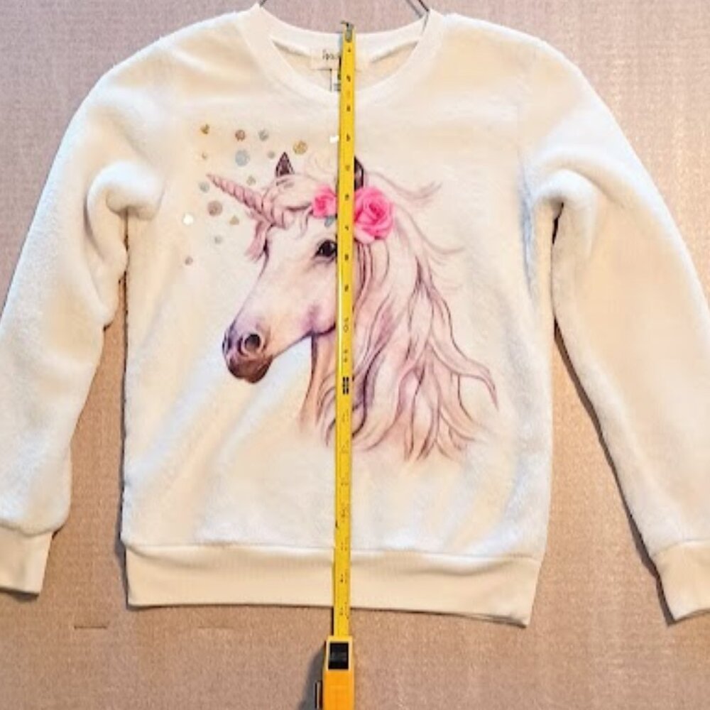 Speechless Kids Girls Size S, white fleece top w/Unicorn pink rose & sequence - Picture 5 of 7